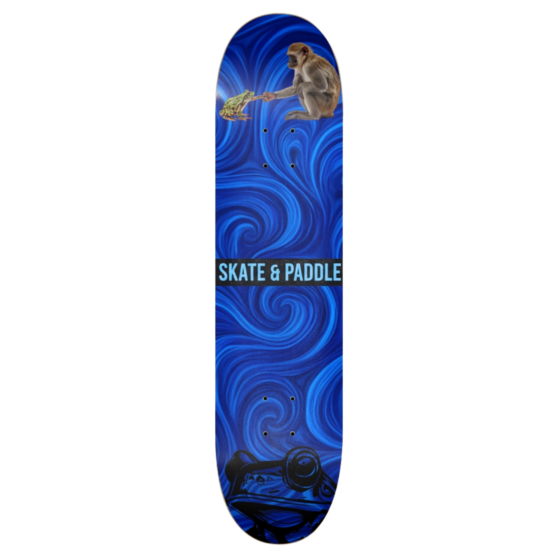 Monkey Deal Skateboard deck with blue swirling design and 'Skate & Paddle' branding by Paddle Frogs on a transparent background