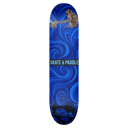 Monkey Deal Skateboard deck with blue swirling design and 'Skate & Paddle' branding by Paddle Frogs on a transparent background