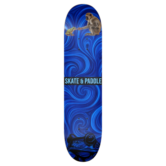 Monkey Deal Skateboard deck with blue swirling design and 'Skate & Paddle' branding by Paddle Frogs on a transparent background