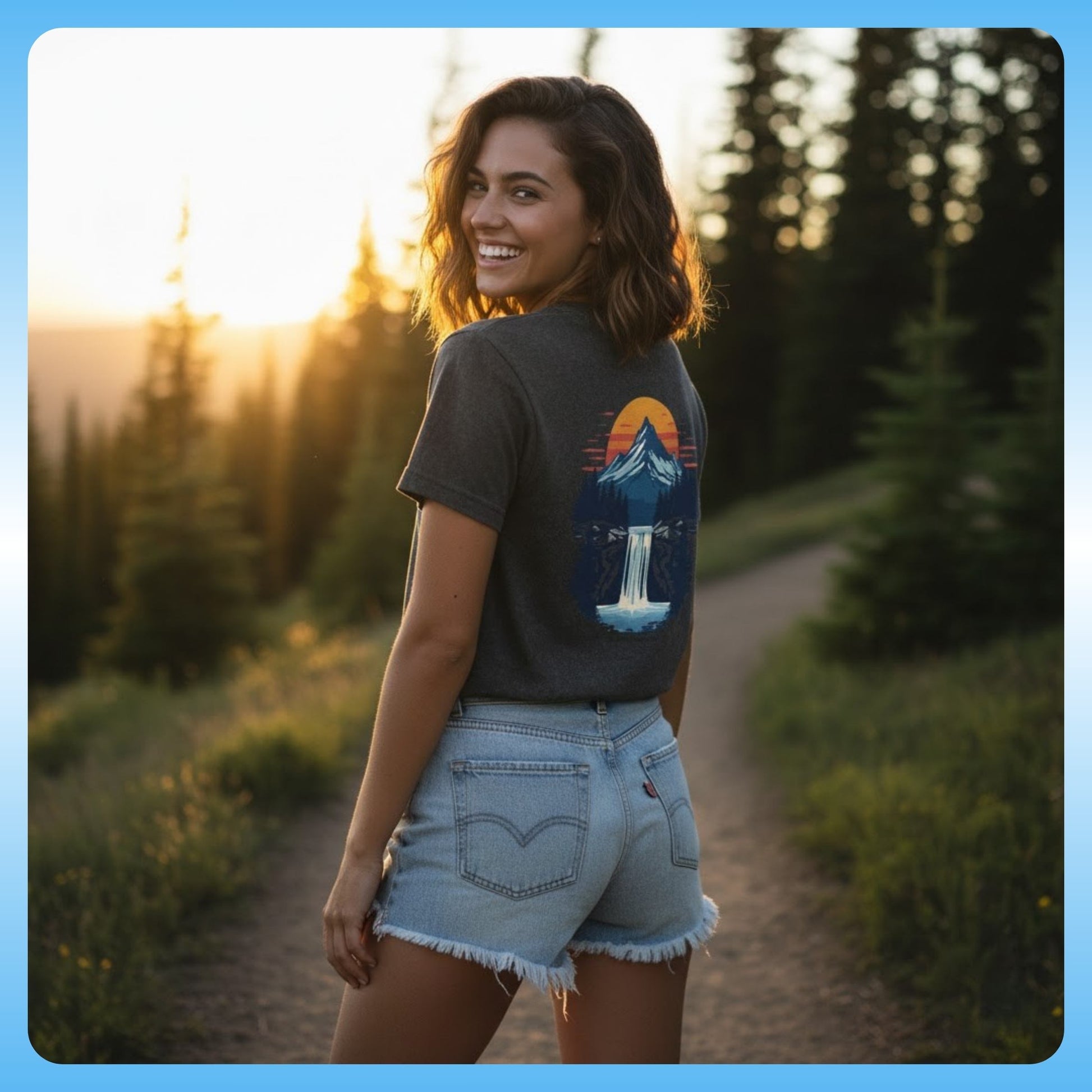 Mountain Sunrise | Pop Art Waterfall T-Shirt - Paddle Frogs™ Outdoor Gear  - Faded Black