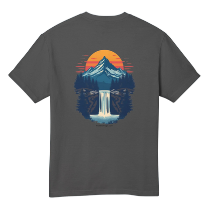Mountain Sunrise | Pop Art Waterfall T-Shirt - Paddle Frogs™ Outdoor Gear  - Faded Black