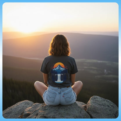 Mountain Sunrise | Pop Art Waterfall T-Shirt - Paddle Frogs™ Outdoor Gear  - Faded Black  lady sitting crisscross applesauce at the edge of a cliff