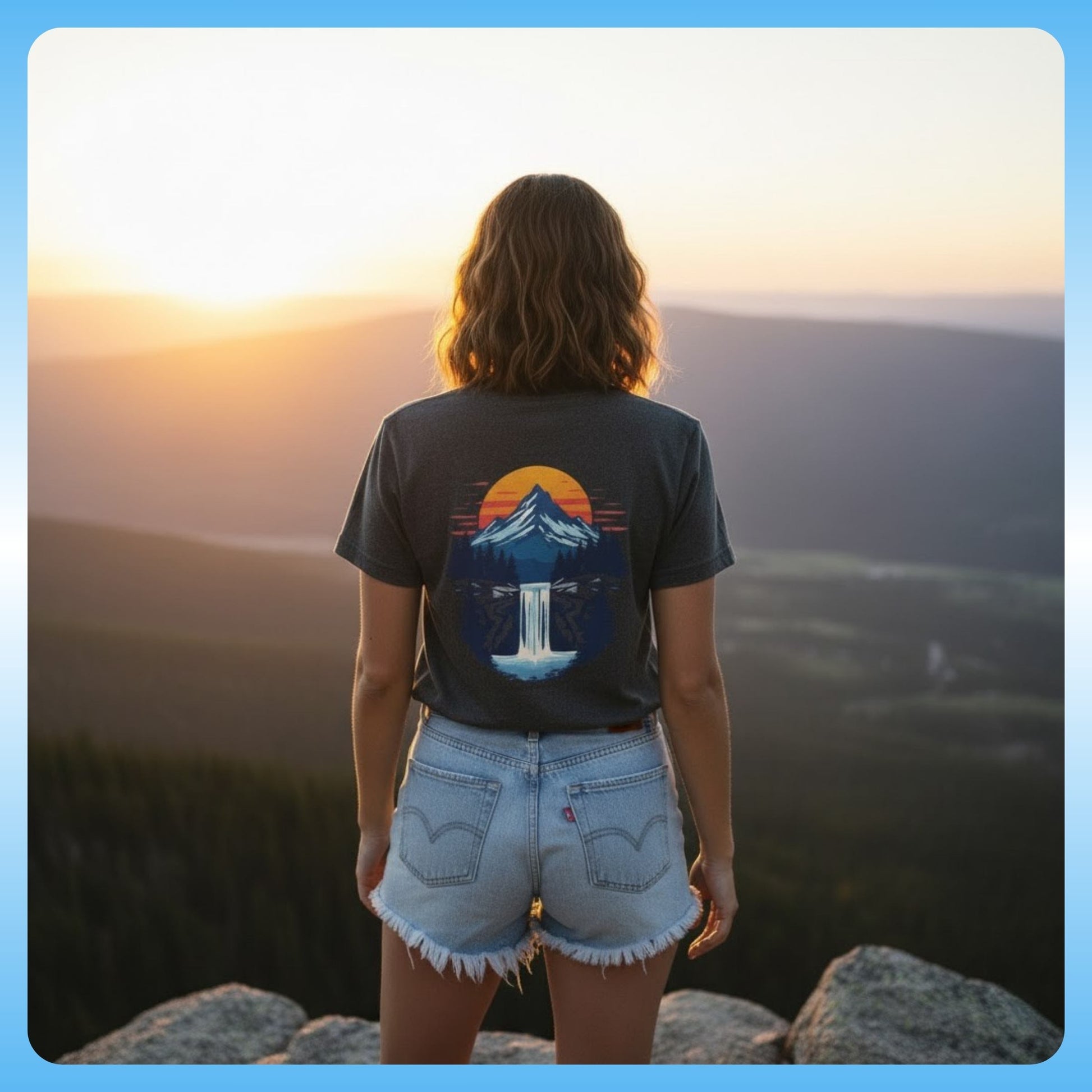 Mountain Sunrise | Pop Art Waterfall T-Shirt - Paddle Frogs™ Outdoor Gear  - Faded Black on ledge