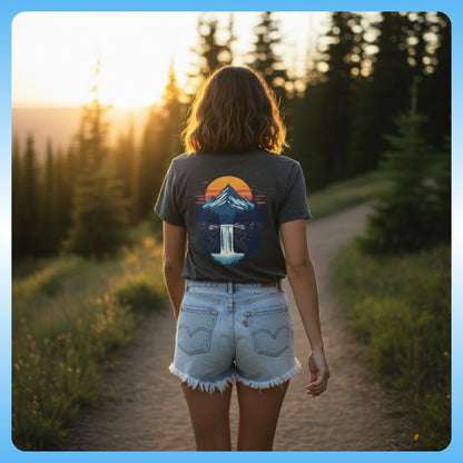 Mountain Sunrise | Pop Art Waterfall T-Shirt - Paddle Frogs™ Outdoor Gear  - Faded Black on the trail