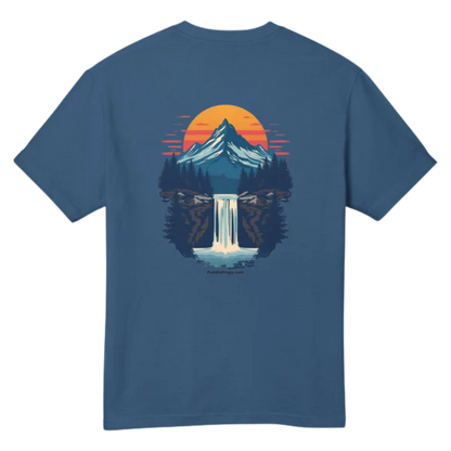 Mountain Sunrise | Pop Art Waterfall T-Shirt - Paddle Frogs™ Outdoor Gear  - Faded Navy