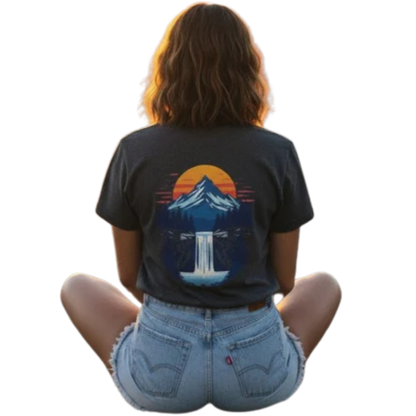 Mountain Sunrise | Pop Art Waterfall T-Shirt Paddle Frogs™ Skate & Paddle lady model on a transparent background