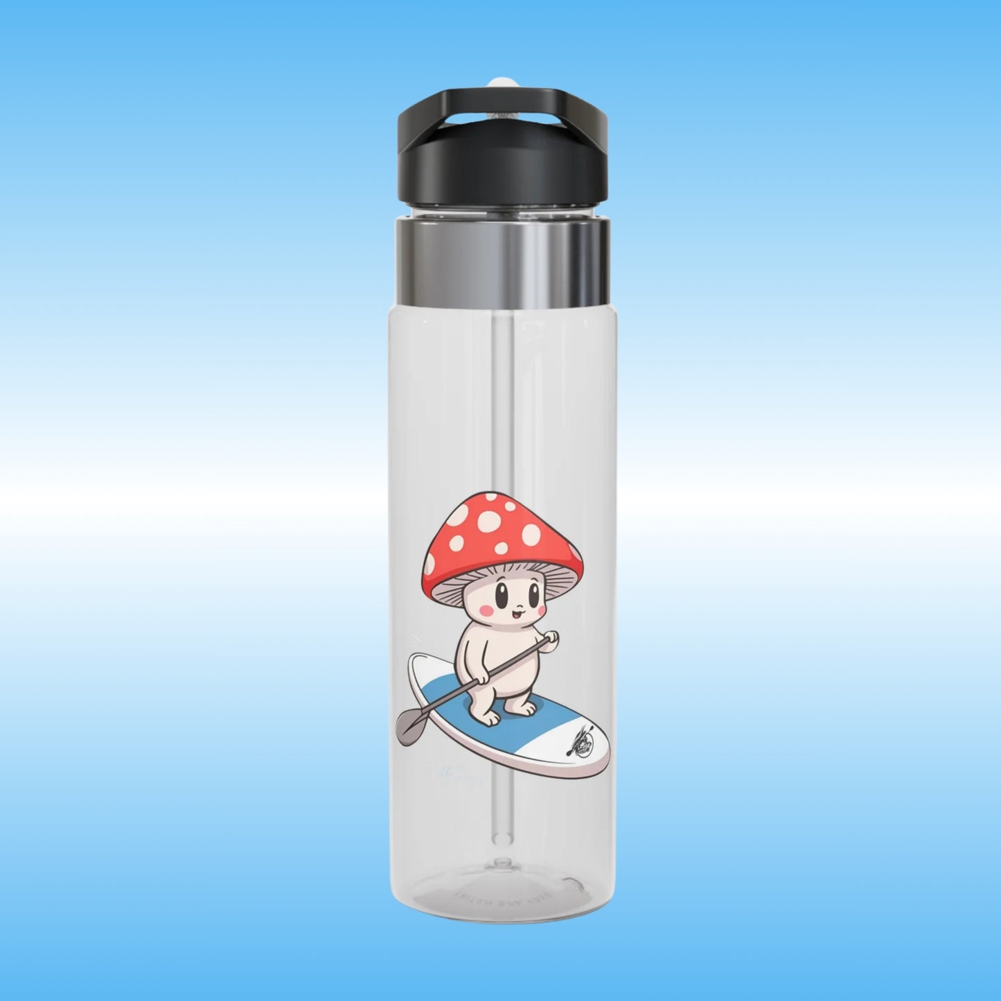 Mushroom Friend rides the Divine Escape paddle board | Crystal Clear Water Bottle | Clear water bottle with a cartoon character on a blue gradient background
