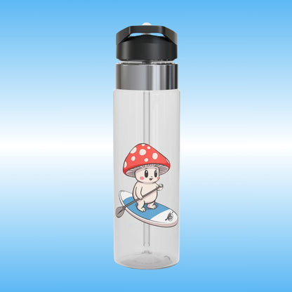 Mushroom Friend rides the Divine Escape paddle board | Crystal Clear Water Bottle | Clear water bottle with a cartoon character on a blue gradient background