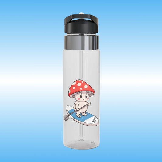 Mushroom Friend rides the Divine Escape paddle board | Crystal Clear Water Bottle | Clear water bottle with a cartoon character on a blue gradient background