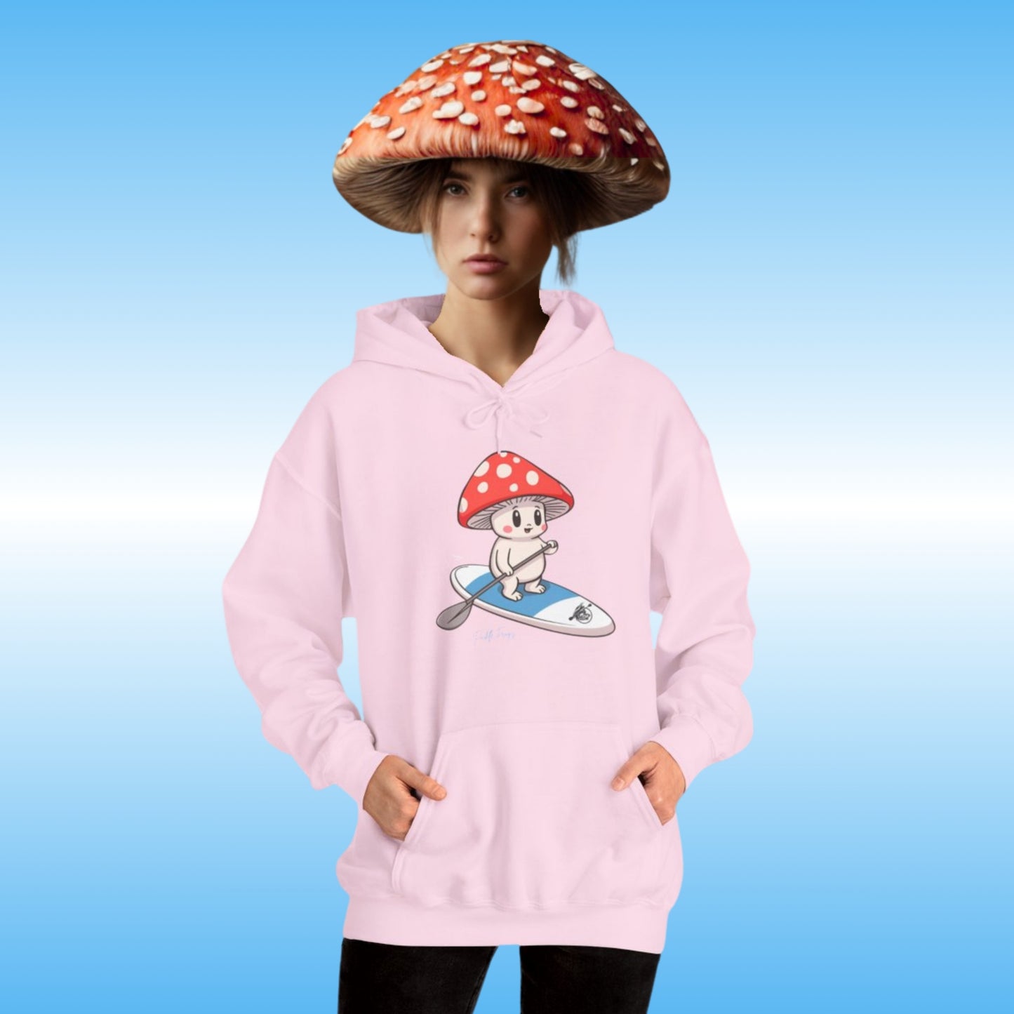 Mushroom Friend rides the Divine Escape paddle board | Ladies Pink Hoodie
