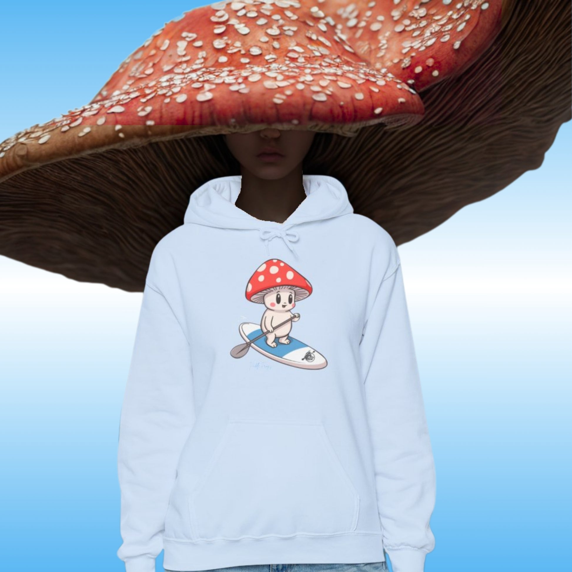 Mushroom Friend rides the Divine Escape paddle board | Mushroom Lady in Light Blue Hoodie Jacket