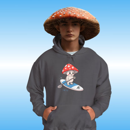 Mushroom Friend rides the Divine Escape paddle board | Mushroom Man in Grey Hoodie