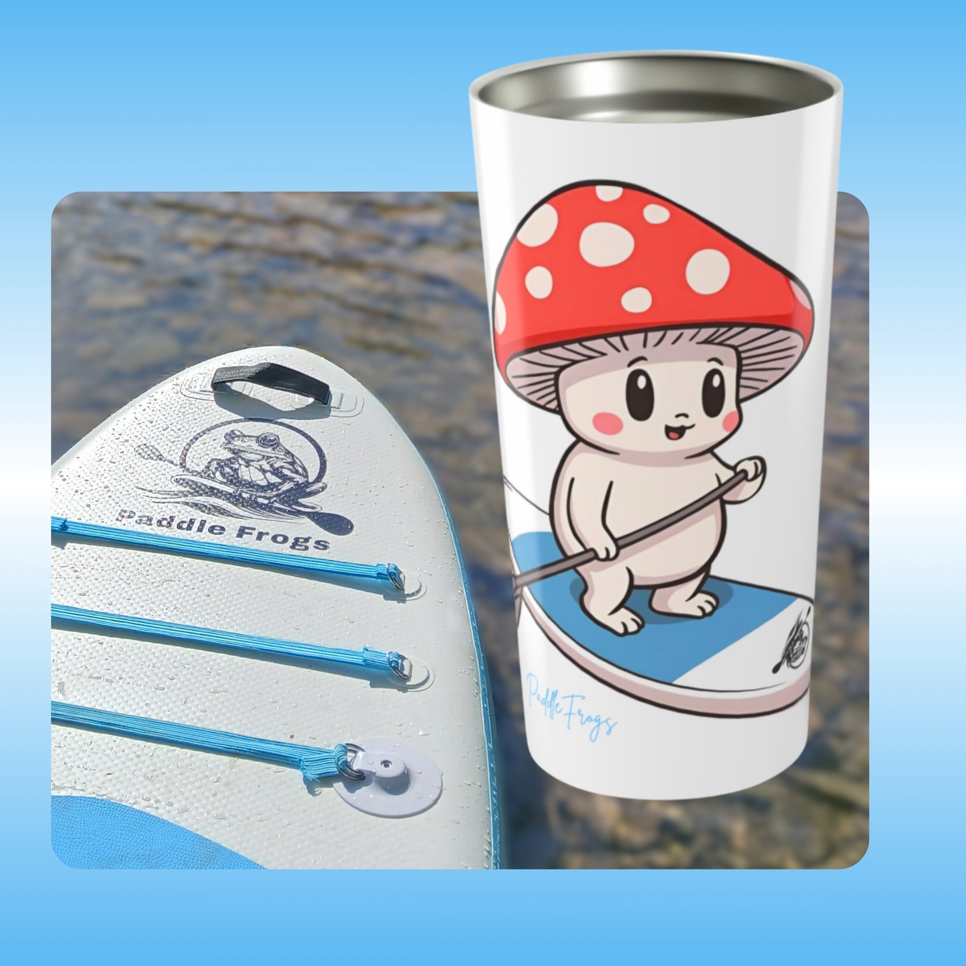 Mushroom Friend rides the Divine Escape paddle board | Tumbler on the paddle board | Tumbler with a cartoon character design on a blue background