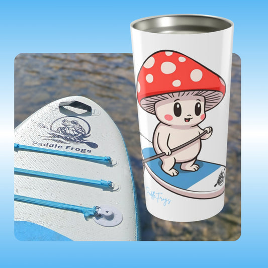 Mushroom Friend rides the Divine Escape paddle board | Tumbler on the paddle board | Tumbler with a cartoon character design on a blue background