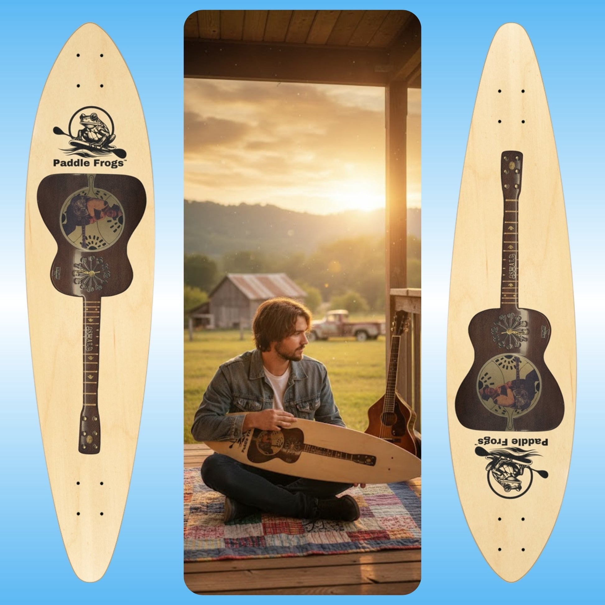 Skateboard with guitar design and 'Paddle Frogs' branding, shown from multiple angles with a scenic background.