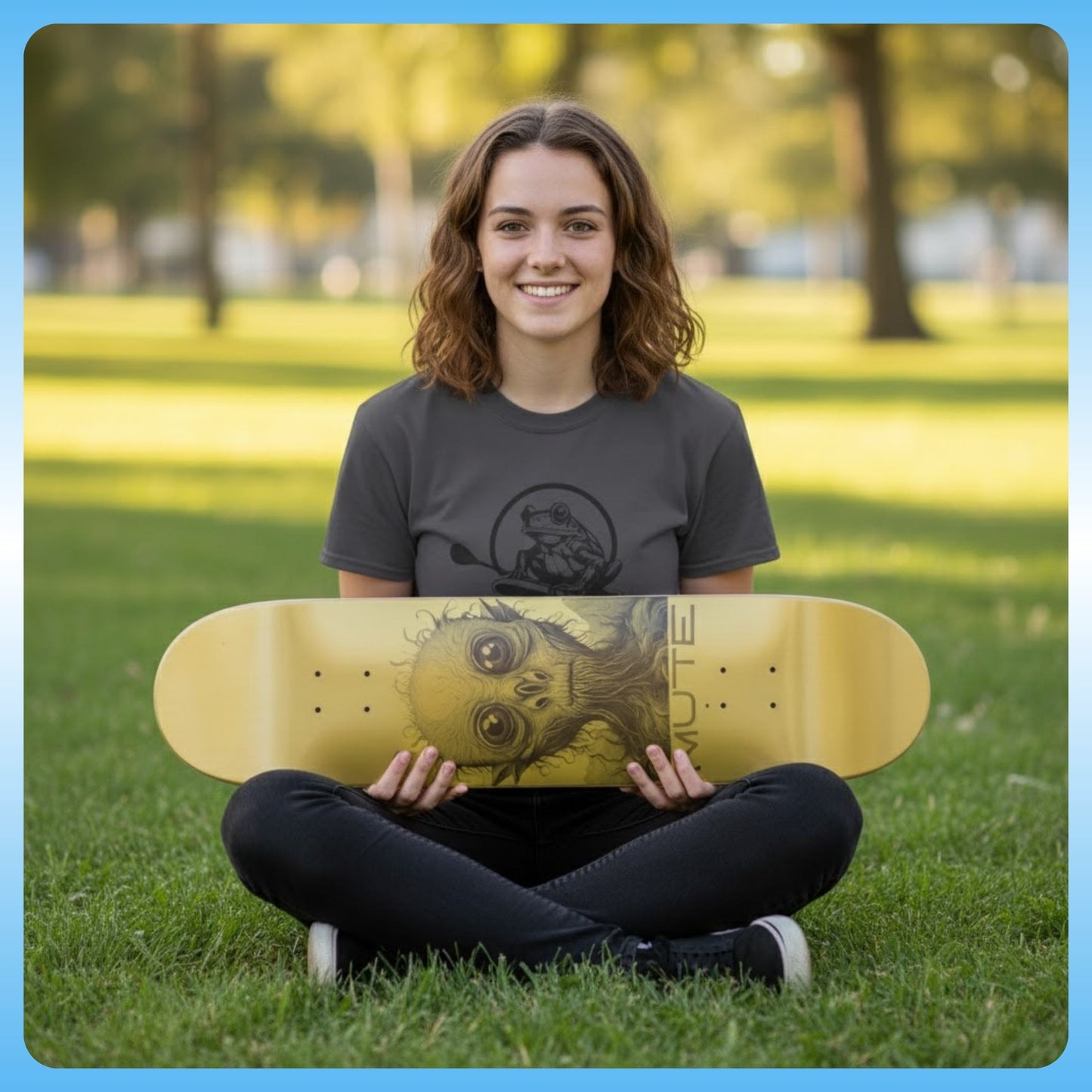 Person sitting on grass holding Mute | 8.75 Gold Skateboard Deck | Paddle Frogs™