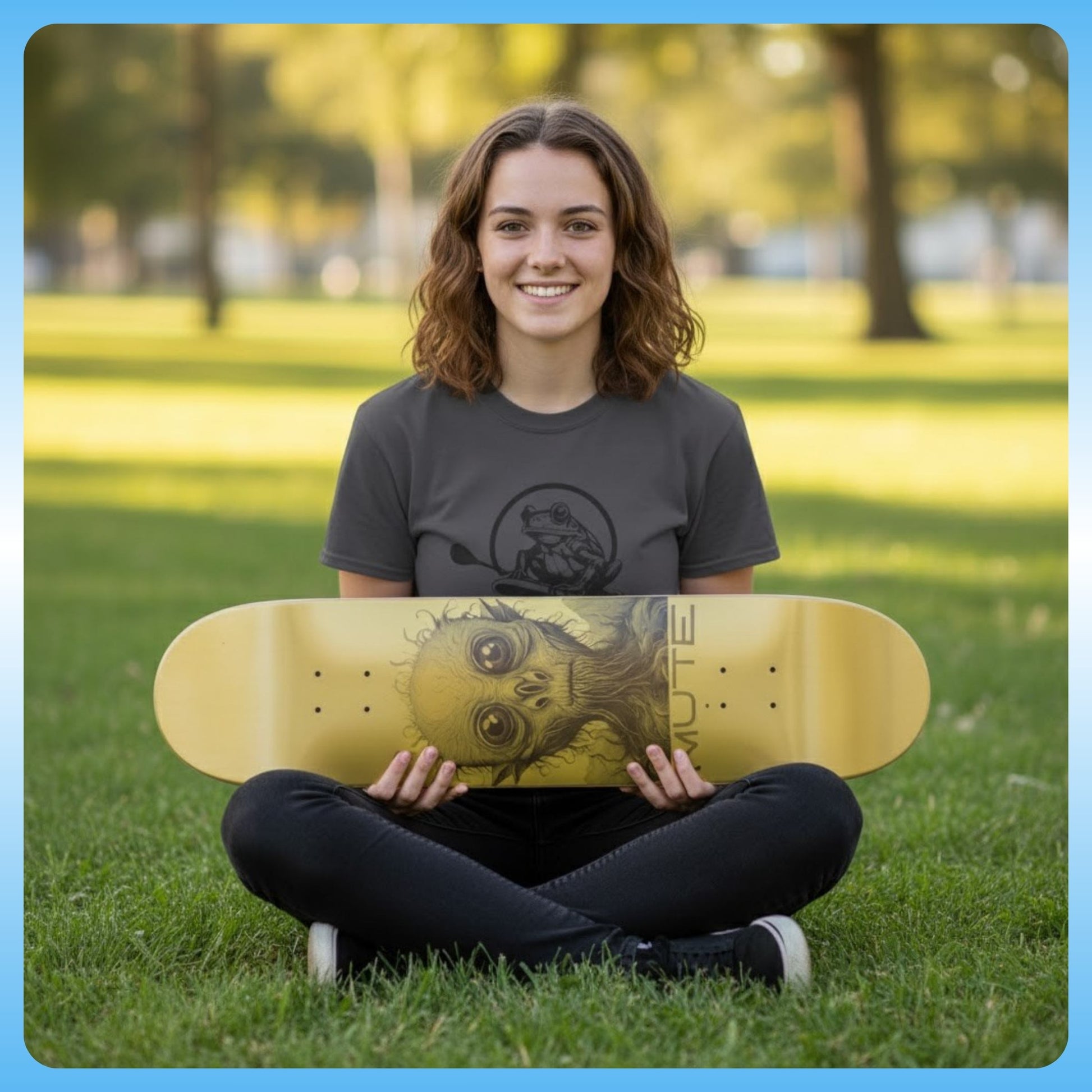 Person sitting on grass holding Mute | 8.75 Gold Skateboard Deck | Paddle Frogs™