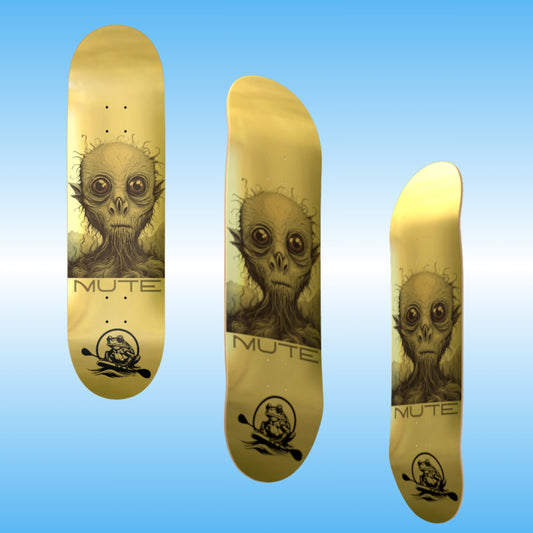 Mute | Gold skateboard deck by Paddle Frogs | three angles 