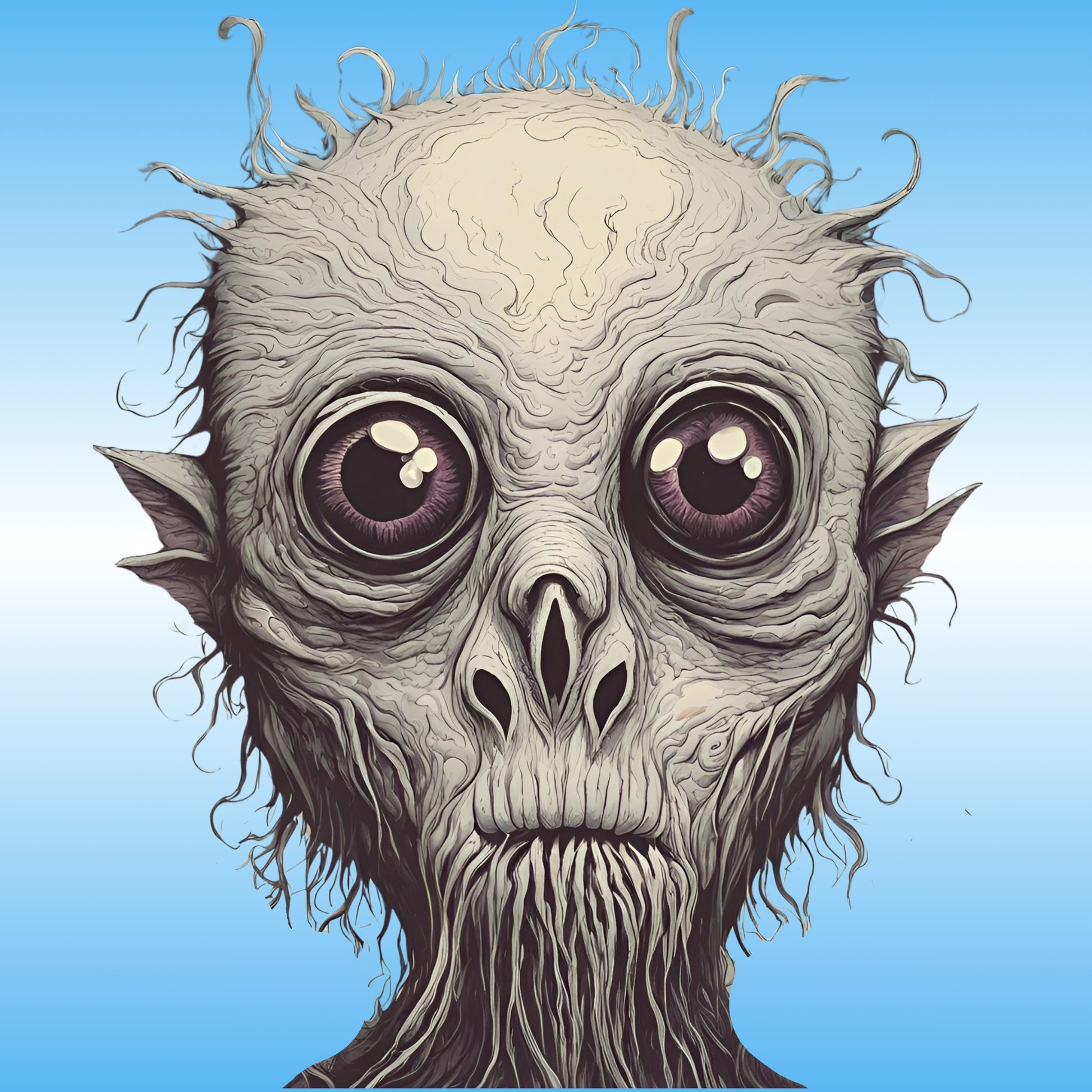 Mute | Gold skateboard deck by Paddle Frogs who is mute | Close-up of a detailed alien head with large eyes and textured skin on a blue background