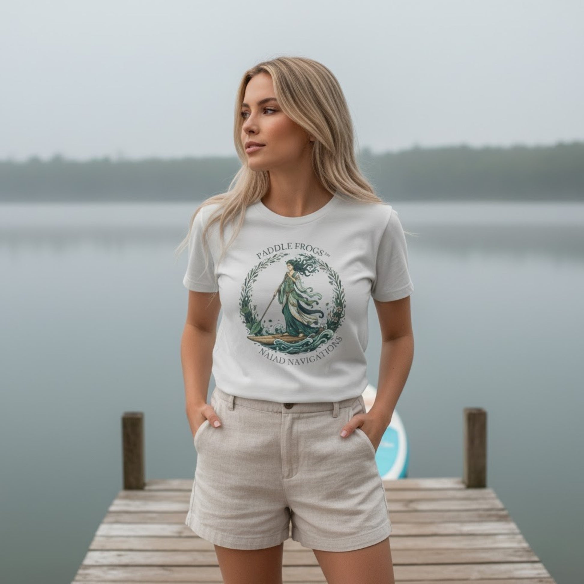 NAIAD NAVIGATIONS | Paddle Frogs: T-shirt | Ice Grey at the boat dock with a paddleboard