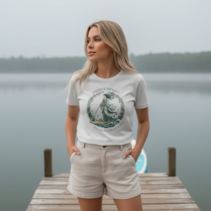 NAIAD NAVIGATIONS | Paddle Frogs: T-shirt | Ice Grey at the boat dock with a paddleboard