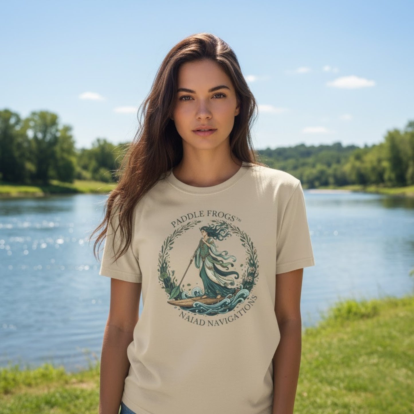 NAIAD NAVIGATIONS | Paddle Frogs: T-shirt | Sand tan color with our brunette model at the river