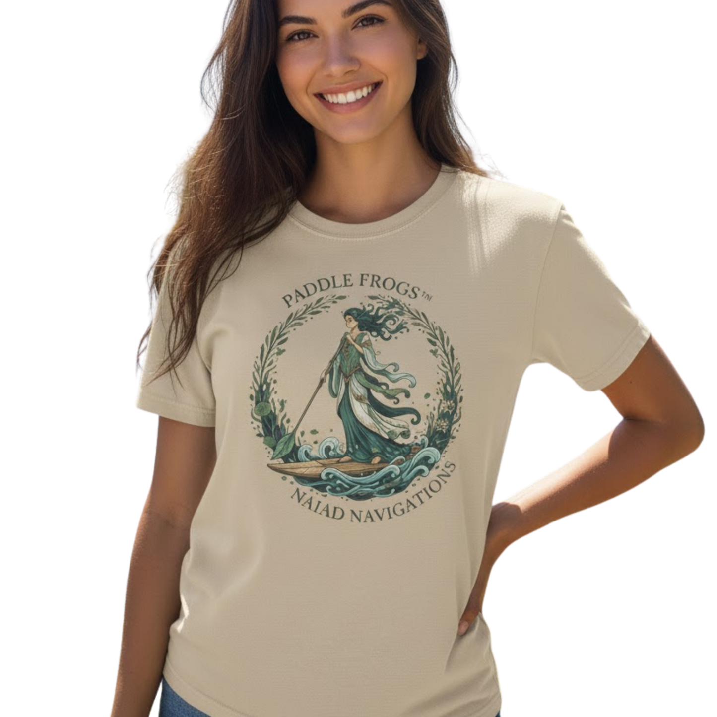 NAIAD NAVIGATIONS | Paddle Frogs: T-shirt | Sand tan color with our brunette on a transparent background