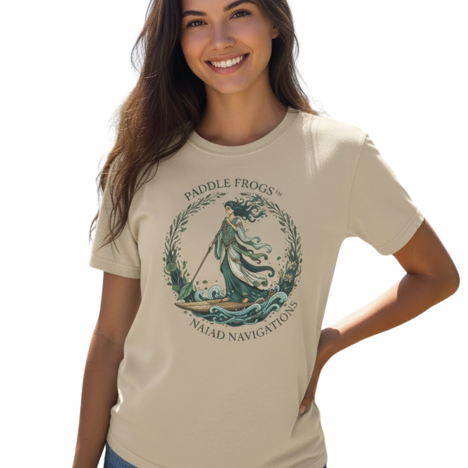 NAIAD NAVIGATIONS | Paddle Frogs: T-shirt | Sand tan color with our brunette on a transparent background