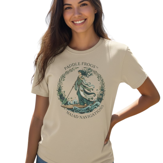 NAIAD NAVIGATIONS | Paddle Frogs: T-shirt | Sand tan color with our brunette on a transparent background