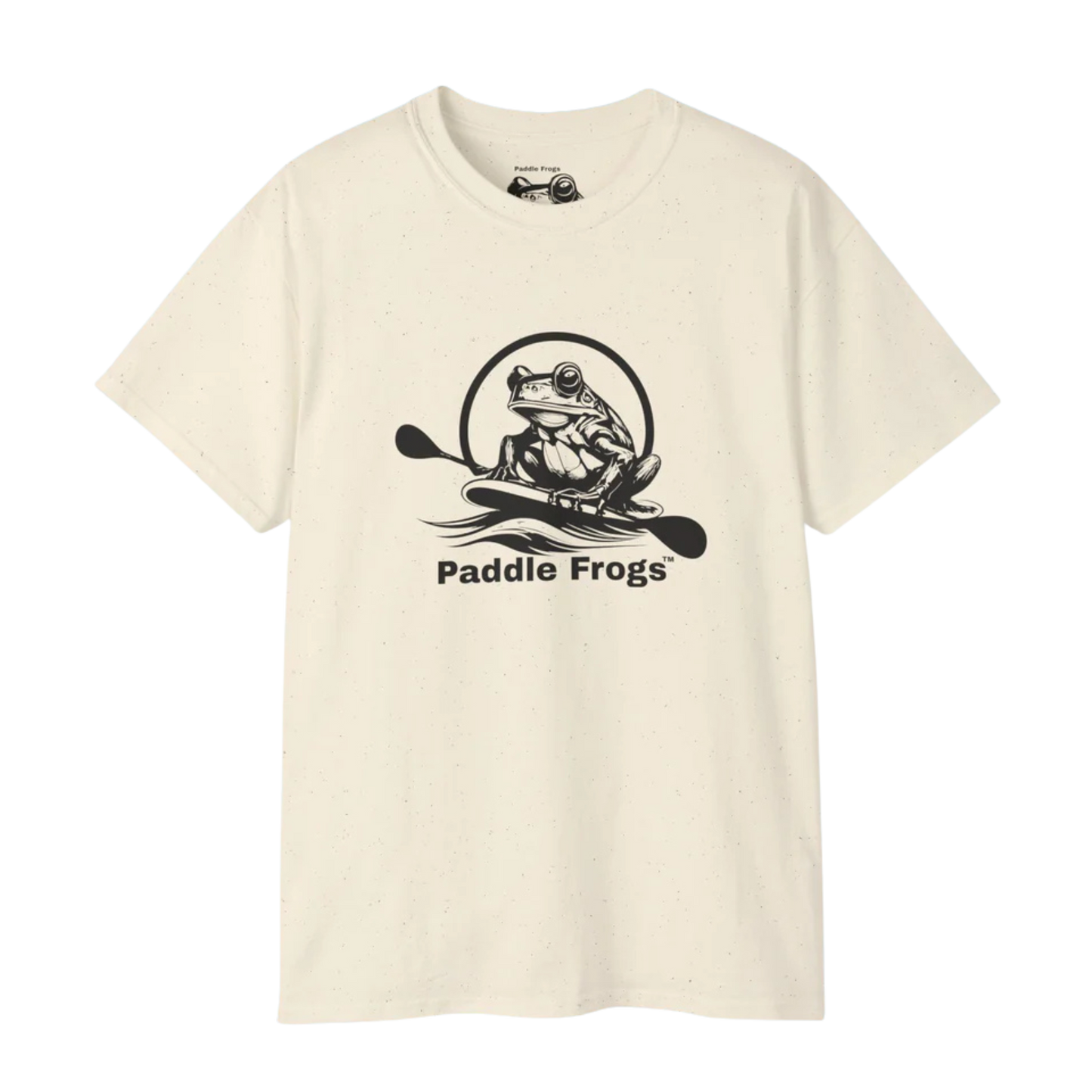 Natural Beige t-shirt with a frog paddle graphic and 'Paddle Frogs' text on a white background