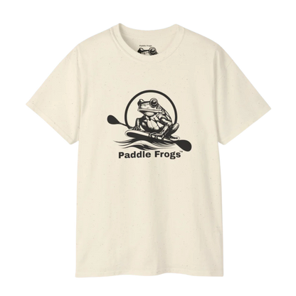 Natural Beige t-shirt with a frog paddle graphic and 'Paddle Frogs' text on a white background