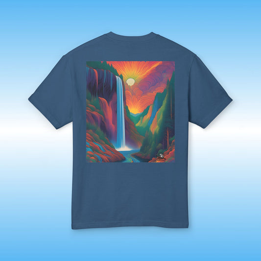 Navy blue t-shirt with a vibrant Pop Art waterfall graphic on a solid blue background by Paddle Frogs Outdoor Gear