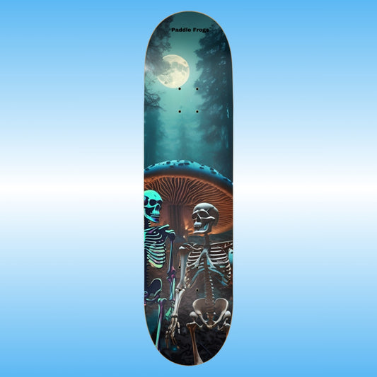 Nighttime Nonsense Skateboard deck by Paddle Frogs with skeleton design and mushroom forest under a moonlit sky on a blue gradient background.