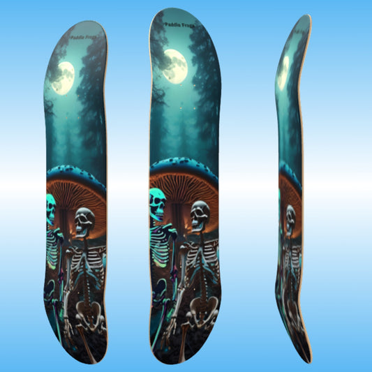 Nighttime Nonsense Skateboard deck with skeleton and mushroom design on a blue gradient background 3 angles