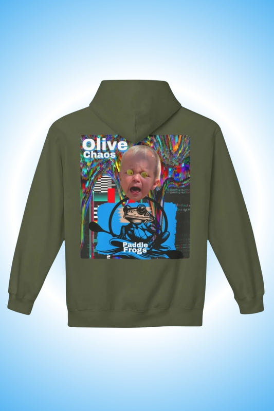 An olive green pullover hoodie shown from the back, featuring a large graphic print on the center back. The graphic contains a child's face, the text 'Olive Chaos' and 'Paddle Frog', and a colorful abstract background.