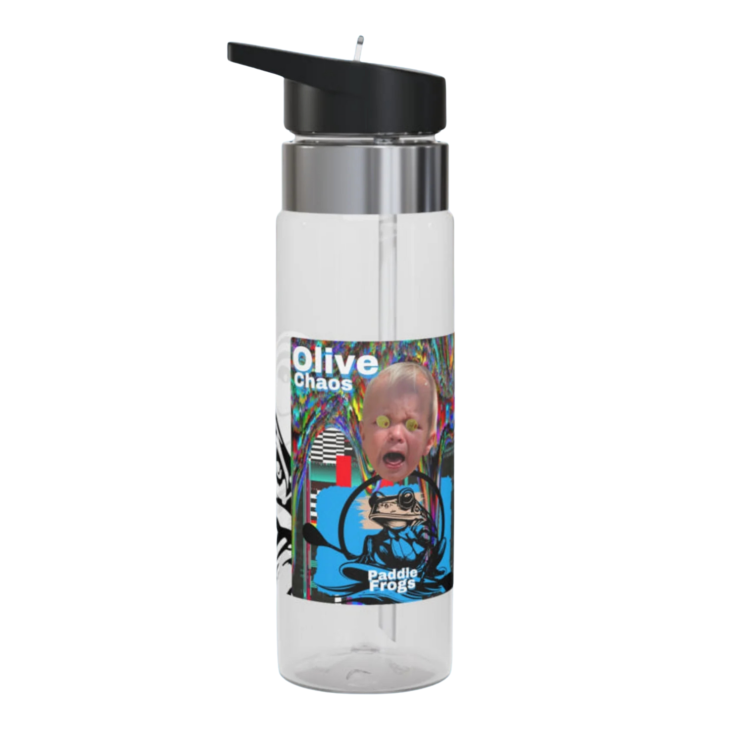 Olive Chaos Clear water bottle with colorful label featuring a face and text on a white background