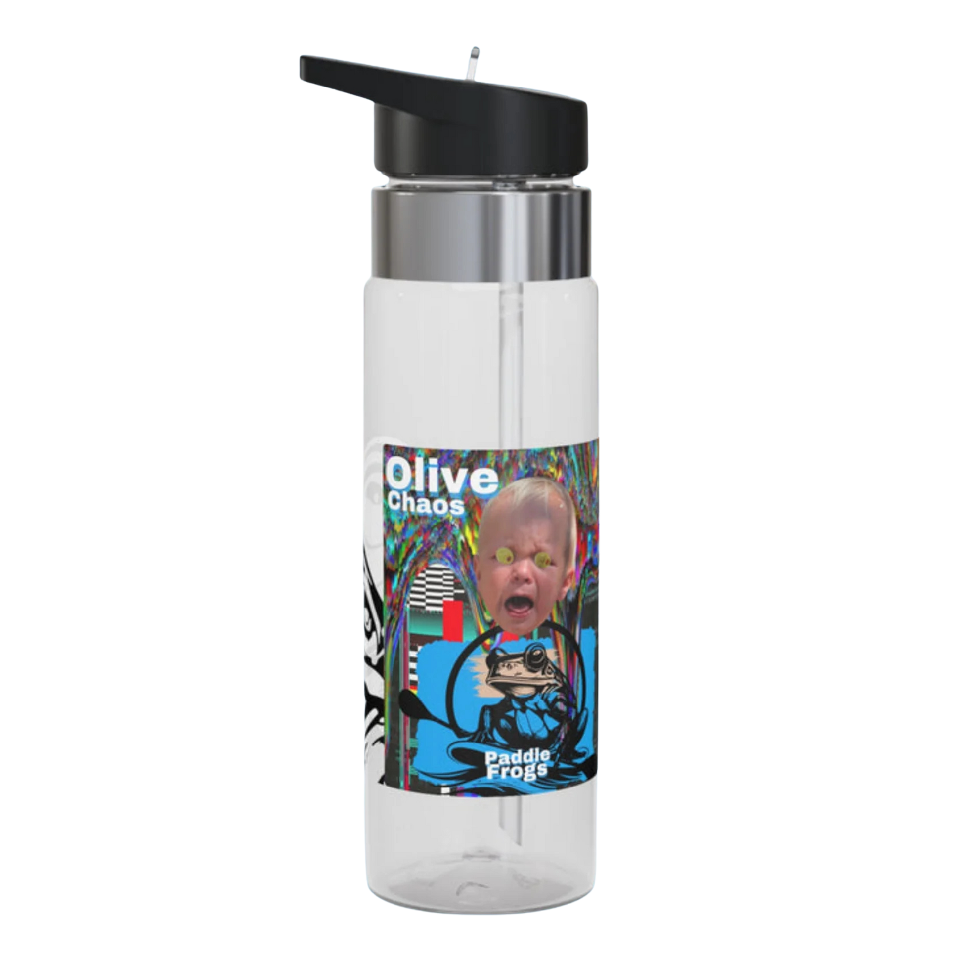 Olive Chaos Clear water bottle with colorful label featuring a face and text on a white background