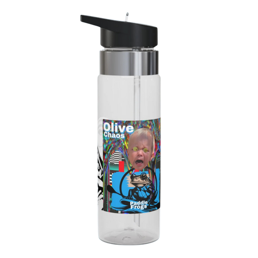Olive Chaos Clear water bottle with colorful label featuring a face and text on a white background