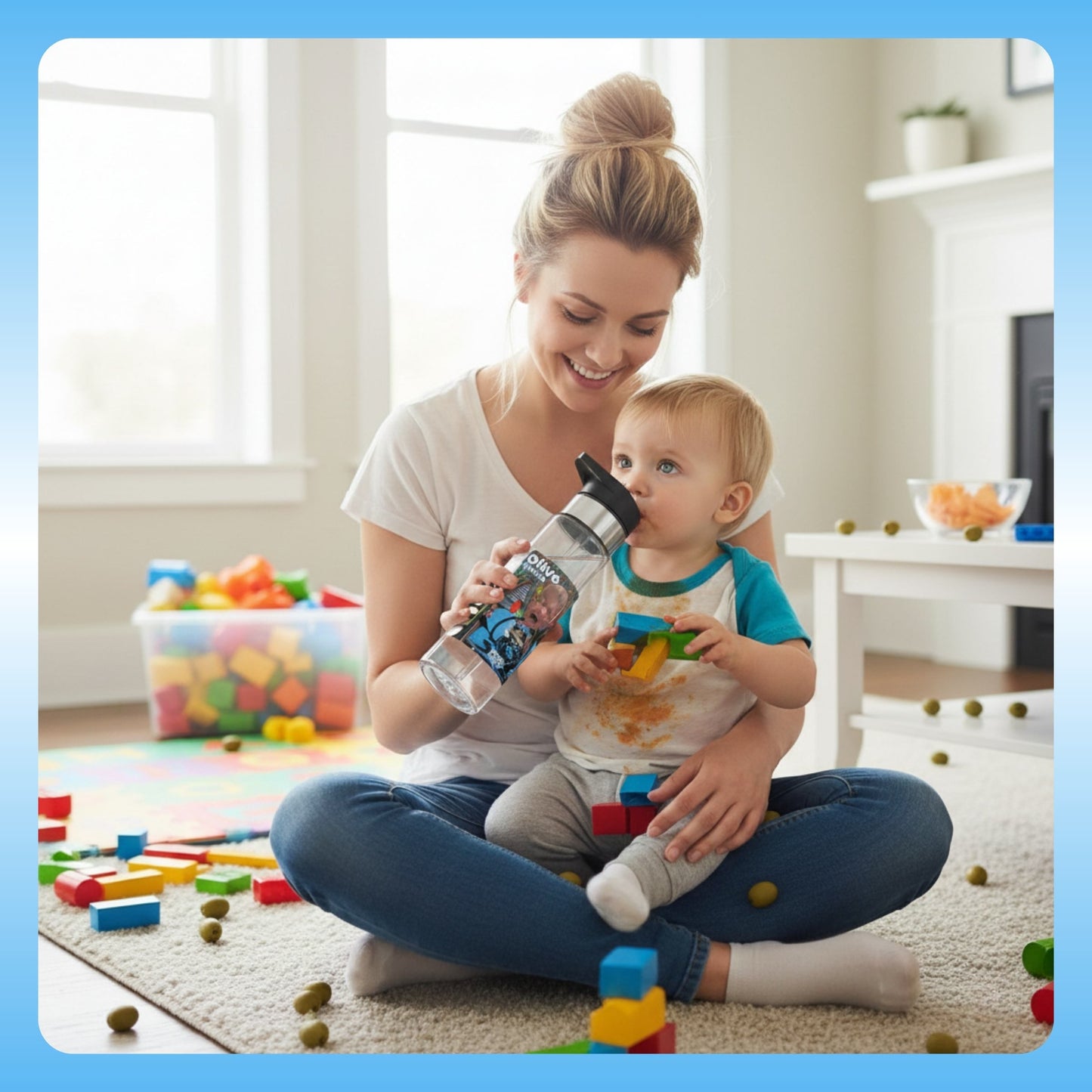Olive Chaos Clear water bottle with a Woman holding a toddler with a water bottle in a room filled with toys and olives