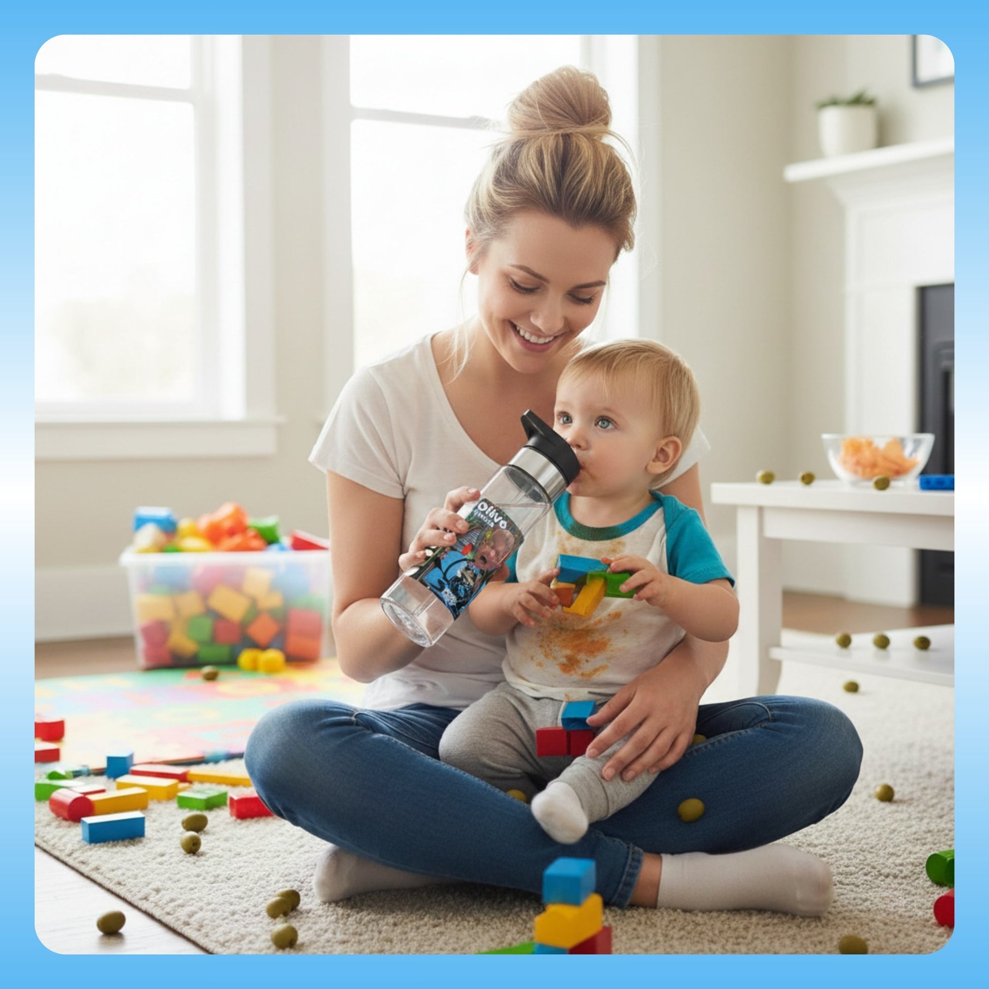 Olive Chaos Clear water bottle with a Woman holding a toddler with a water bottle in a room filled with toys and olives