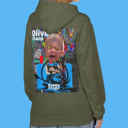 Olive Chaos Fleece Hoodie Jacket by Paddle Frogs Cozy with Pockets Color Camo Olive Green Backside 