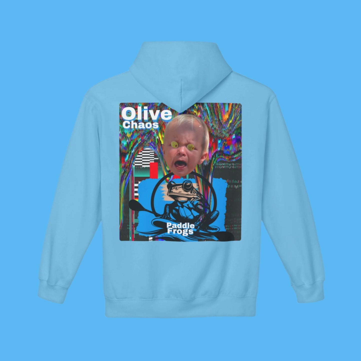 Olive Chaos Fleece Hoodie Jacket by Paddle Frogs Cozy with Pockets Color Cute Blue Backside 