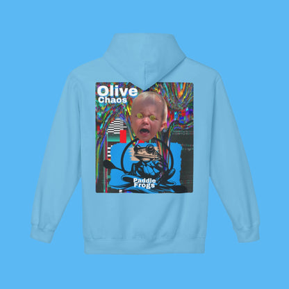 Olive Chaos Fleece Hoodie Jacket by Paddle Frogs Cozy with Pockets Color Cute Blue Backside 