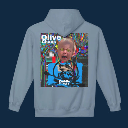 Olive Chaos Fleece Hoodie Jacket by Paddle Frogs Cozy with Pockets Cute comfortable Concrete color Backside of coat