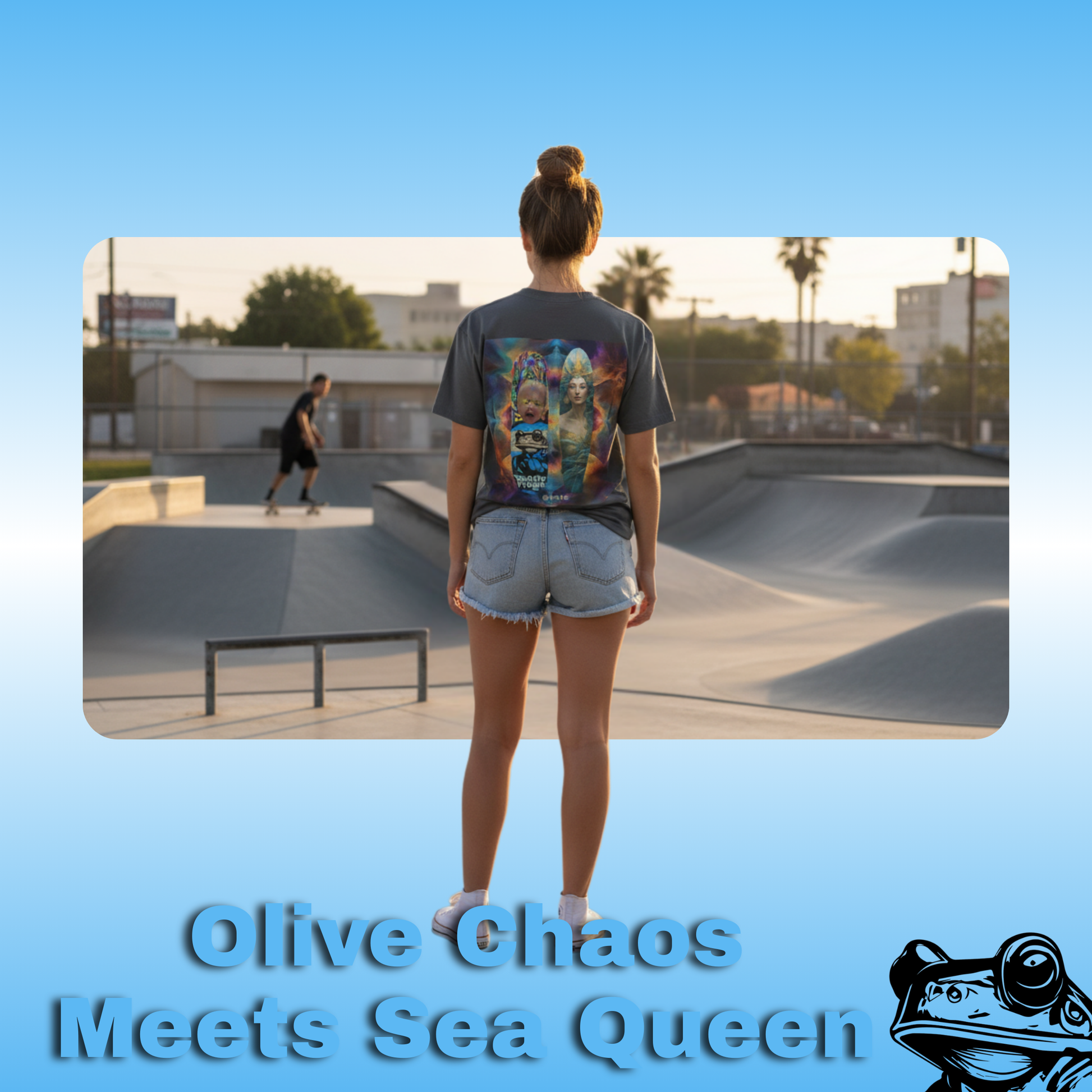 Olive Chaos Meets Sea Queen | Paddle Frogs™ Skate Tee | Woman standing at a skate park with 'Olive Chaos Meets Sea Queen' text and logo.