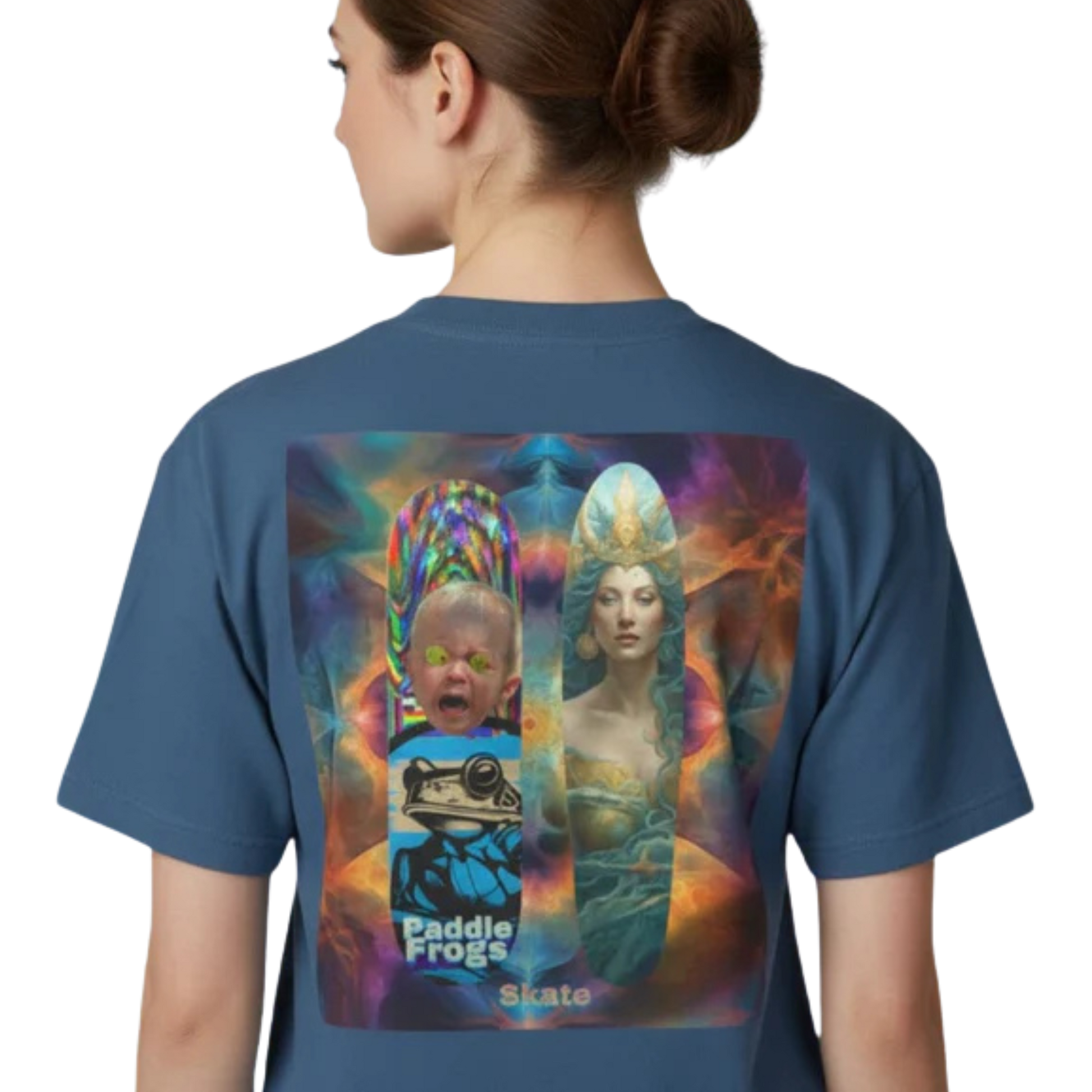 Olive Chaos Meets Sea Queen | Skate Tee Paddle Frogs™ Skate & Paddle lady model on a transparent background