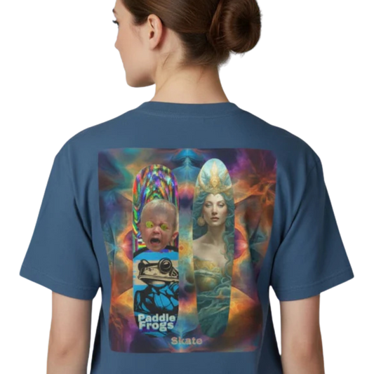 Olive Chaos Meets Sea Queen | Skate Tee Paddle Frogs™ Skate & Paddle lady model on a transparent background