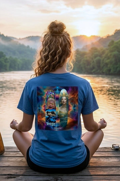 Woman sitting crisscross applesauce at the lake wearing Olive Chaos Meets Sea Queen | Skate Tee