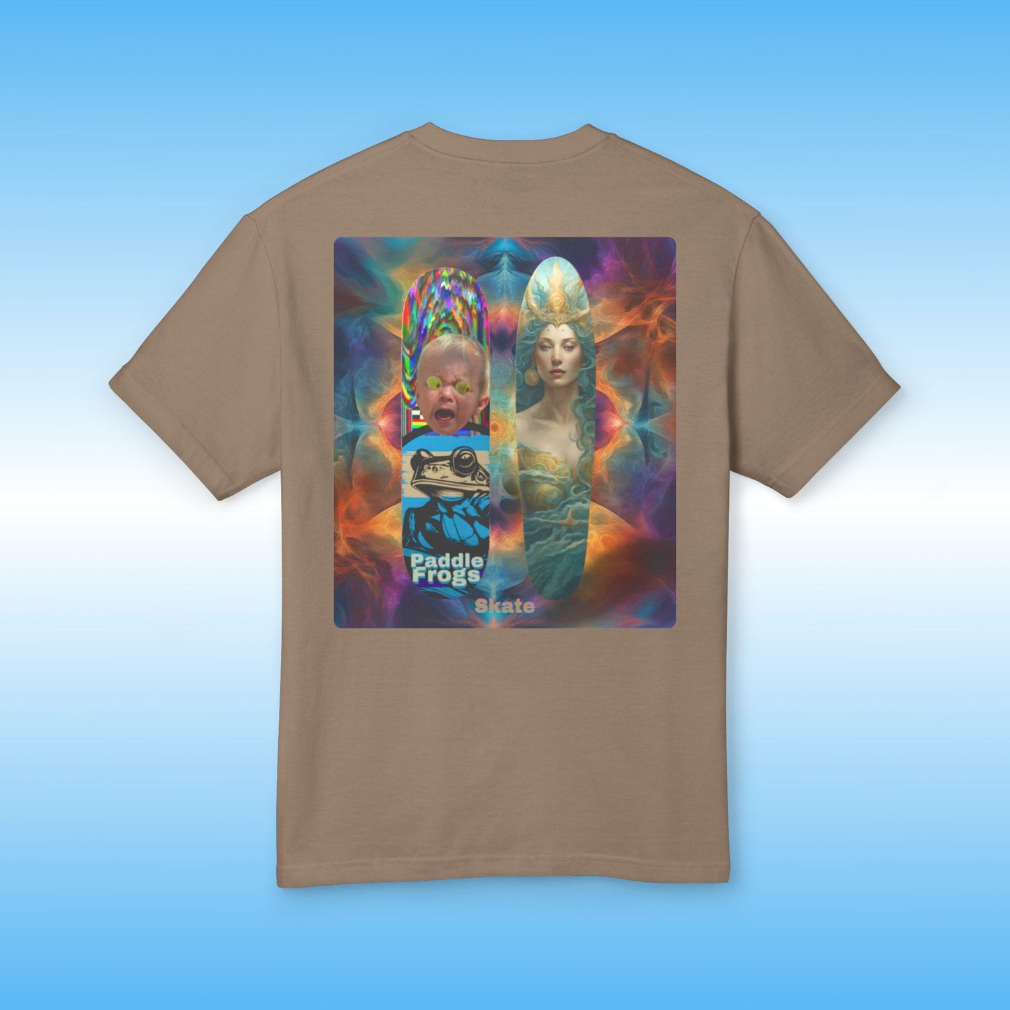 Olive Chaos vs Sea Queen Faded Brown t-shirt with a colorful graphic on the back against a blue gradient background