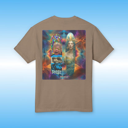 Olive Chaos vs Sea Queen Faded Brown t-shirt with a colorful graphic on the back against a blue gradient background